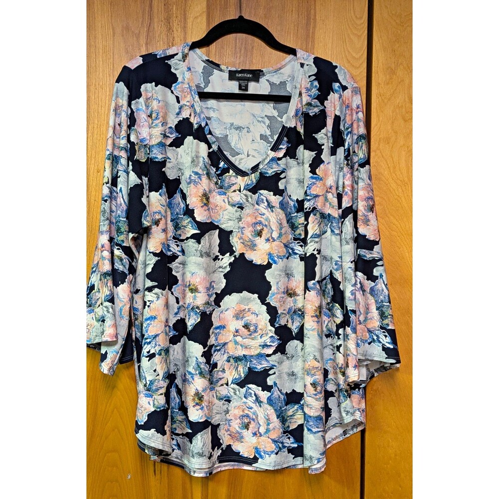 Karen Kane Multicolor Floral Watercolor Knit V-Neck 3/4 Sleeve Tunic Blouse 3X